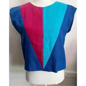 David Warren • Vibrant Colorblock Vintage Blouse in Blue and Pink